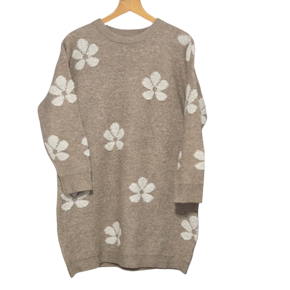 Dreamers by Debut Beige Floral Sweater Dress Tunic Soft Knit Size Small